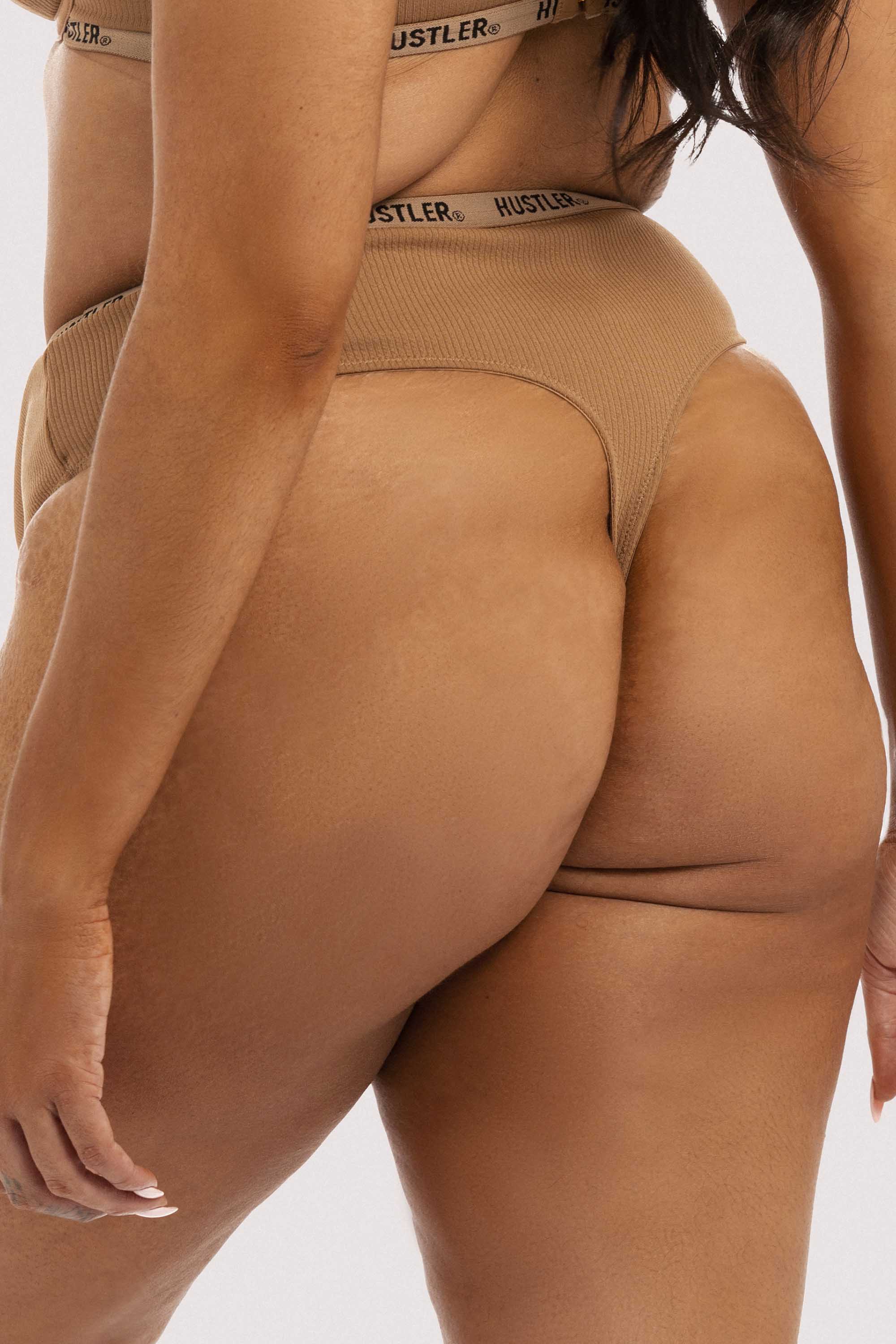 Hustler Branded Ribbed High Waist Thong Caramel - Image 2