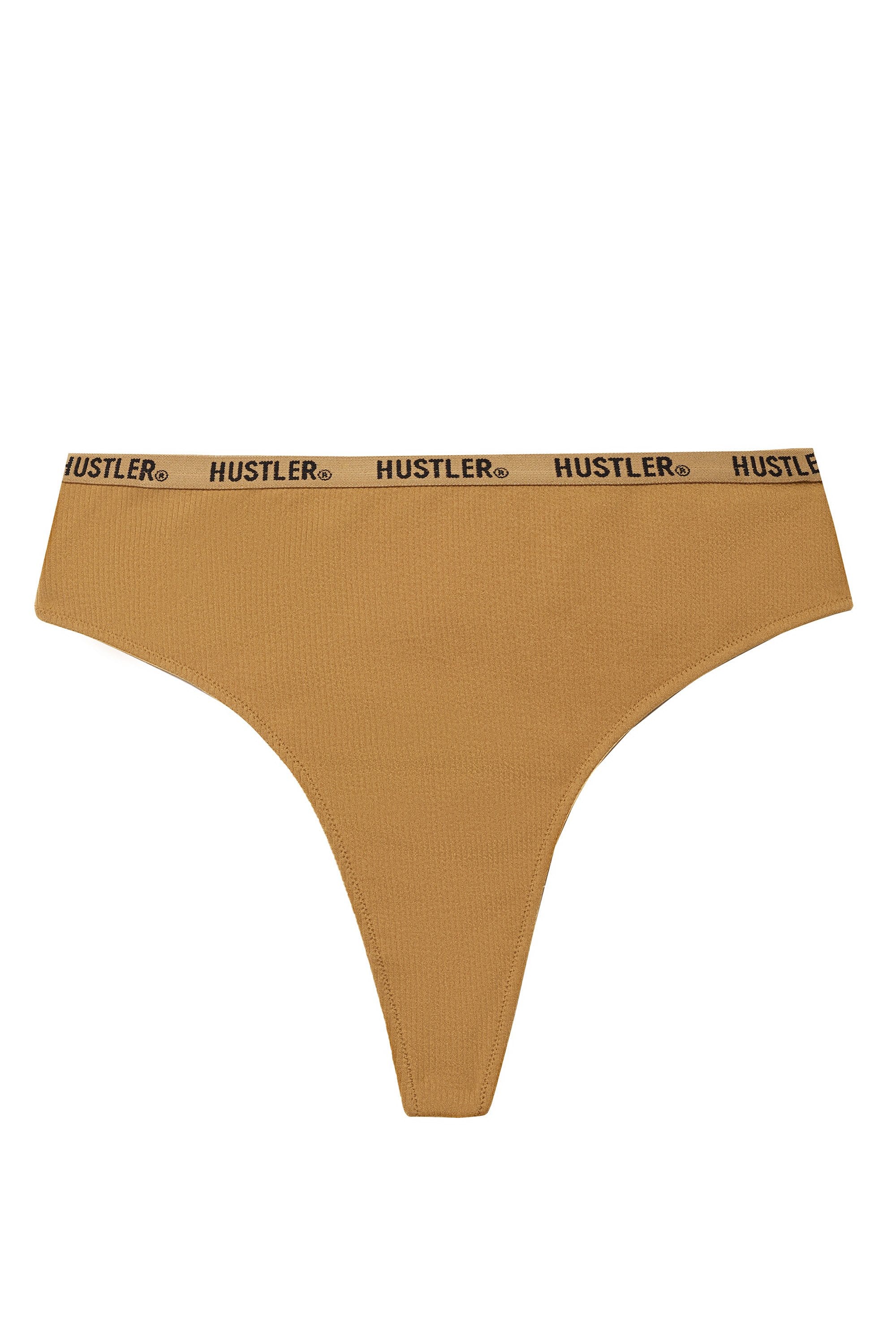 Hustler Branded Ribbed High Waist Thong Caramel - Image 9