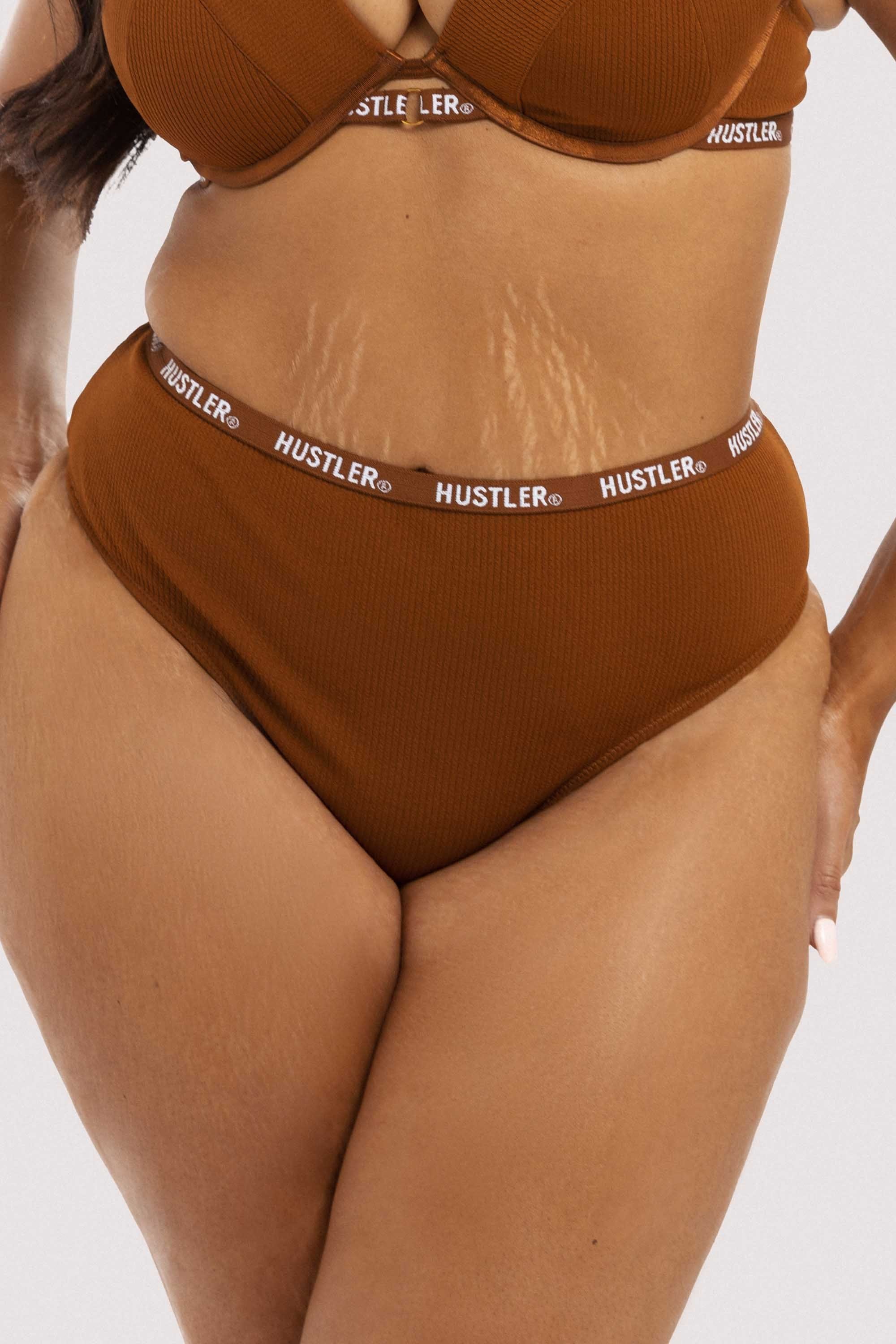 Branded Ribbed Chocolate High Waist Thong - Image 2