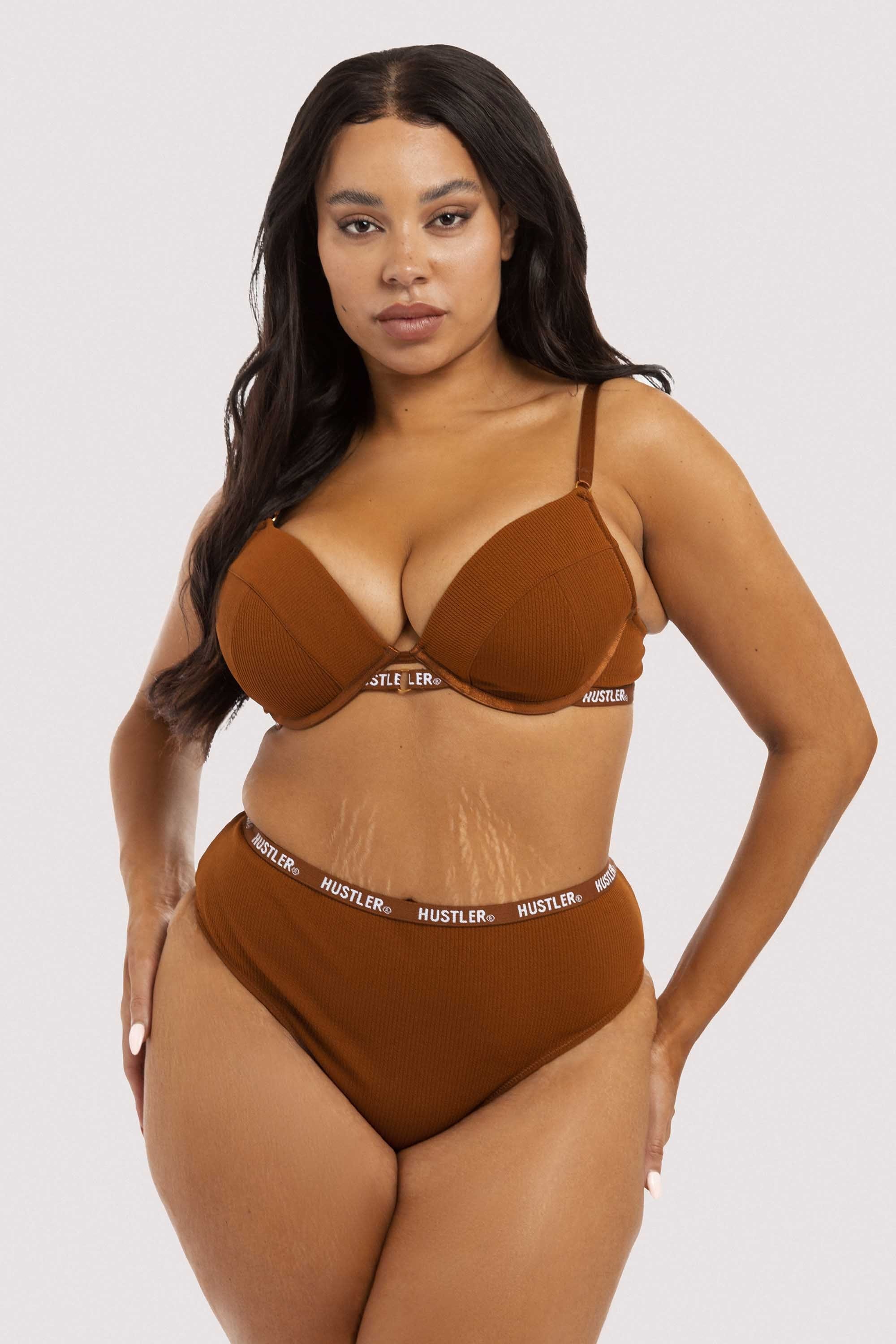 Branded Ribbed Chocolate High Waist Thong - Image 6