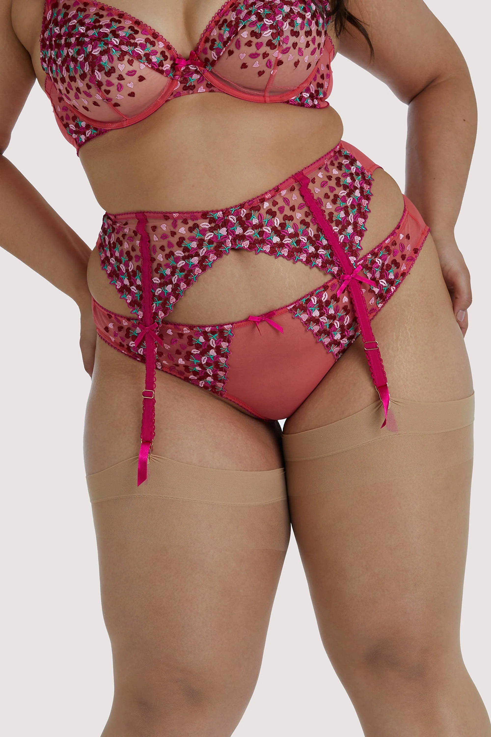 Cherry Embroidery Coral Suspender Belt - Image 10