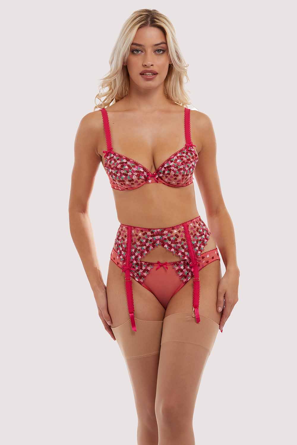 Cherry Embroidery Coral Suspender Belt - Image 6