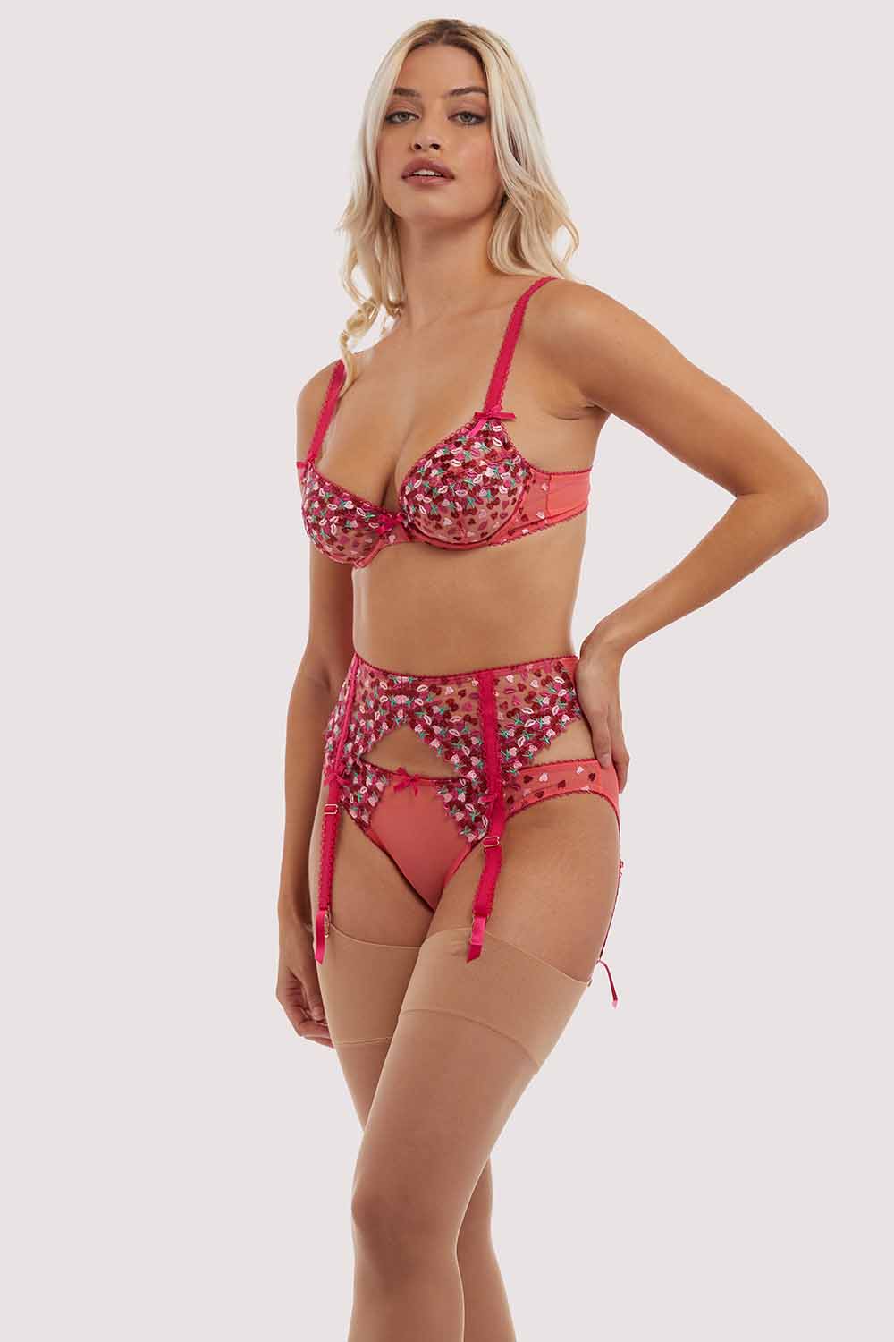Cherry Embroidery Coral Suspender Belt - Image 7