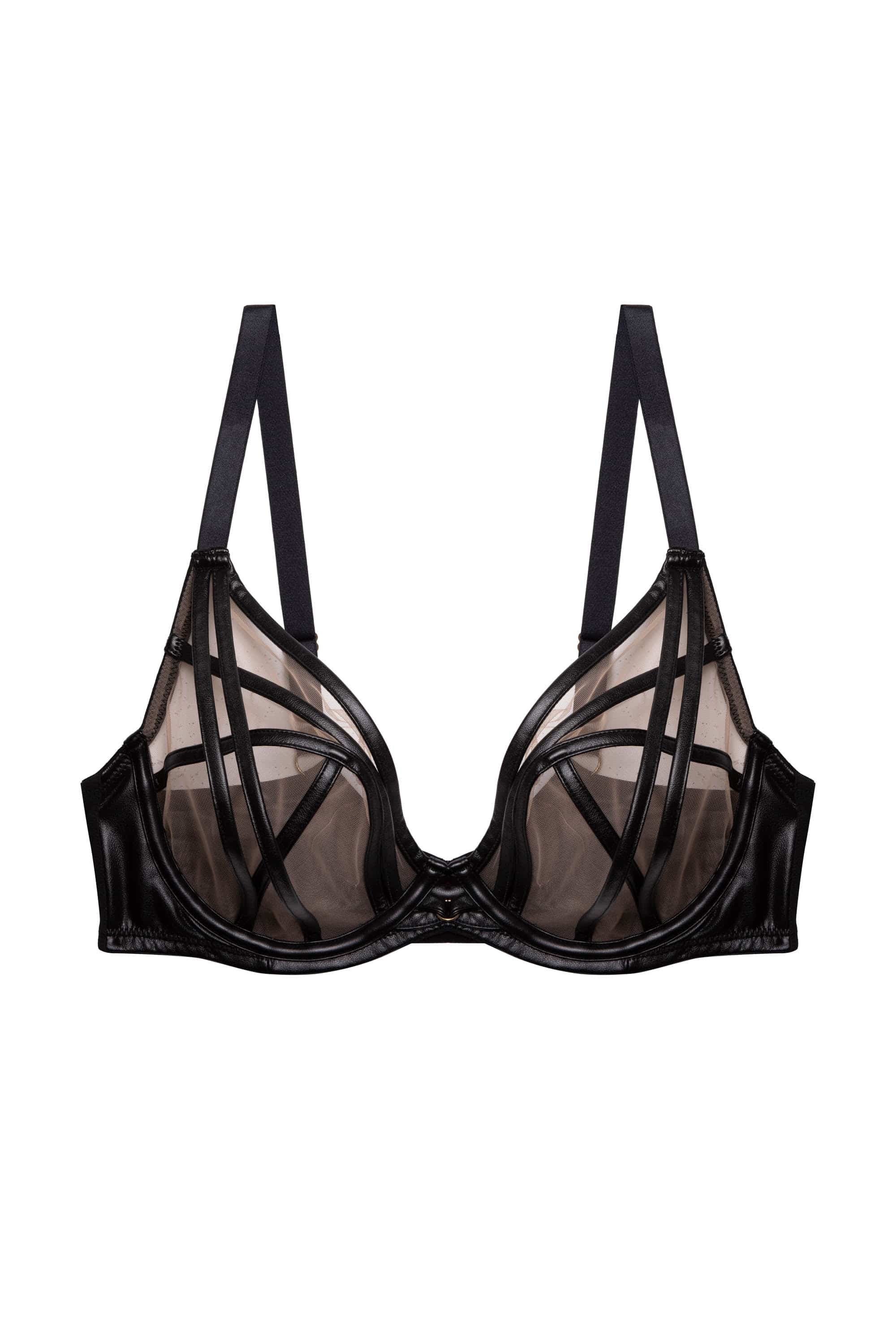 Ramona Black Leatherette Strap Detail Illusion Mesh Bra - Image 8
