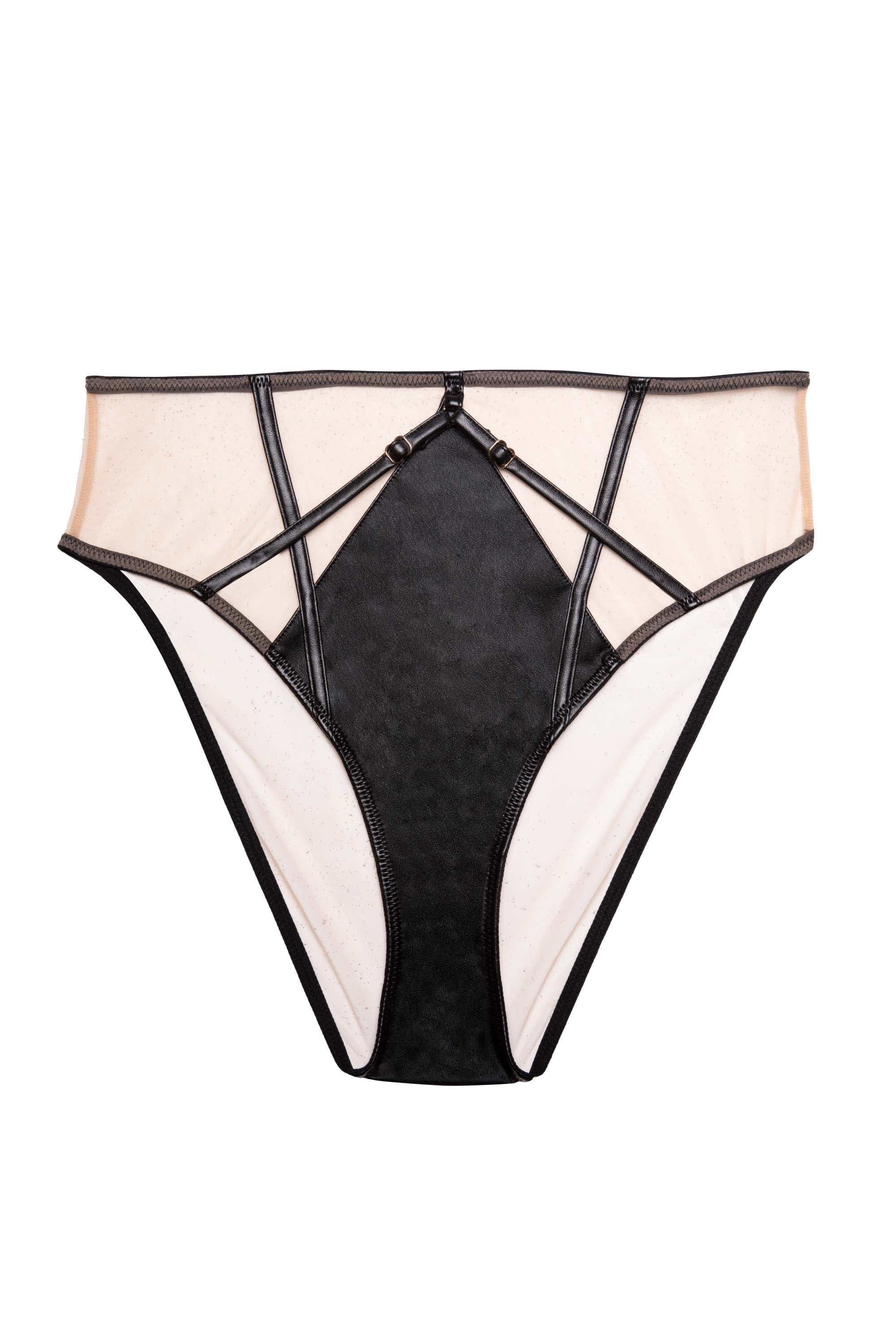 Ramona Black Leatherette Strap Detail Illusion Mesh High Waisted Brief - Image 4
