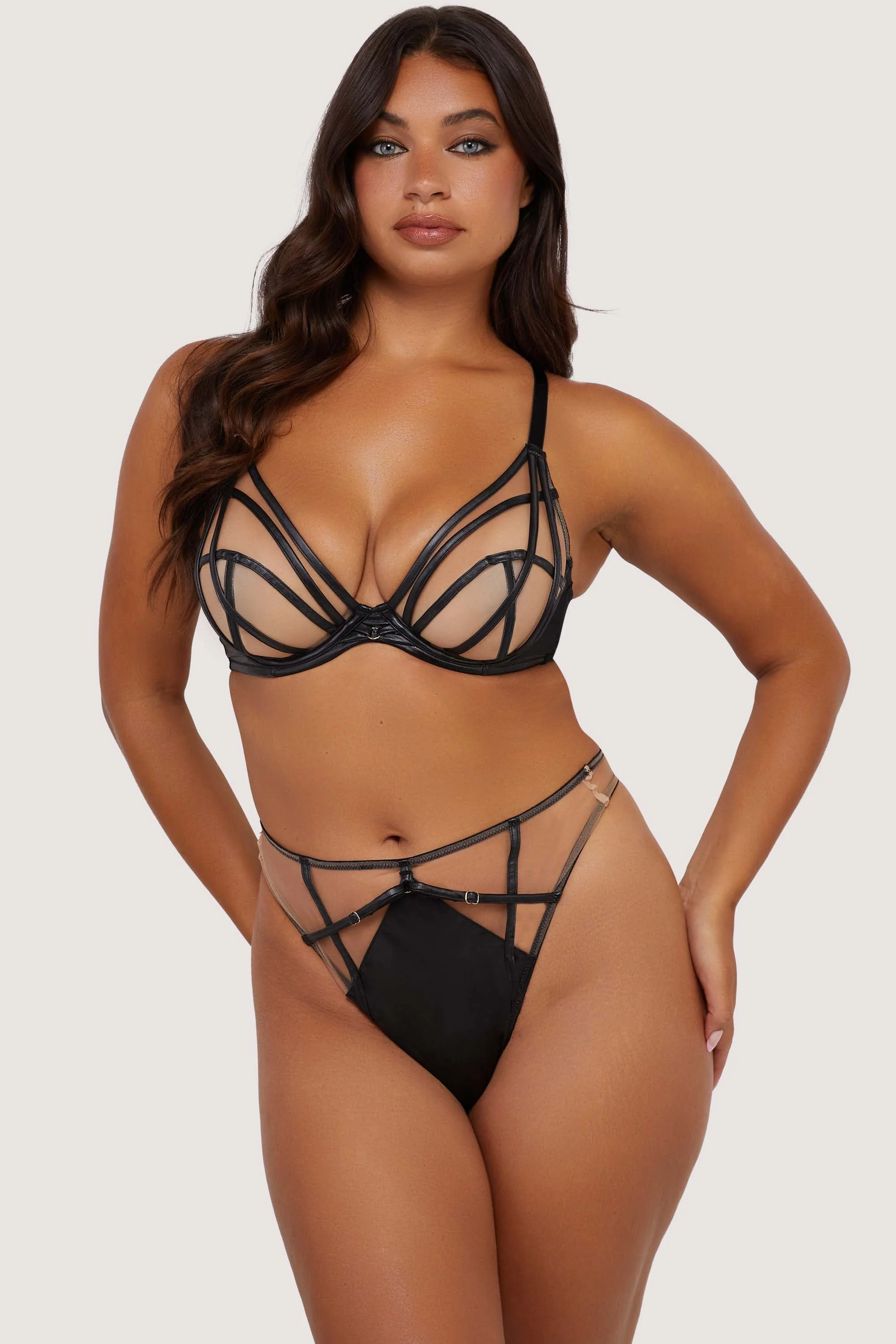 Ramona Black Leatherette Strap Detail Illusion Mesh High Waisted Thong - Image 4