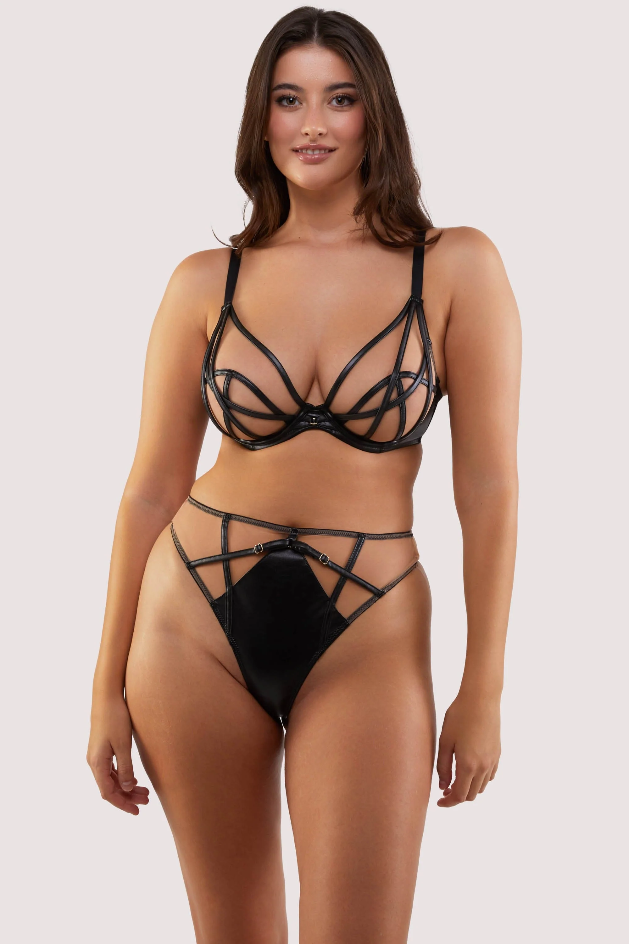 Ramona Black Leatherette Strap Detail Illusion Mesh High Waisted Thong - Image 7