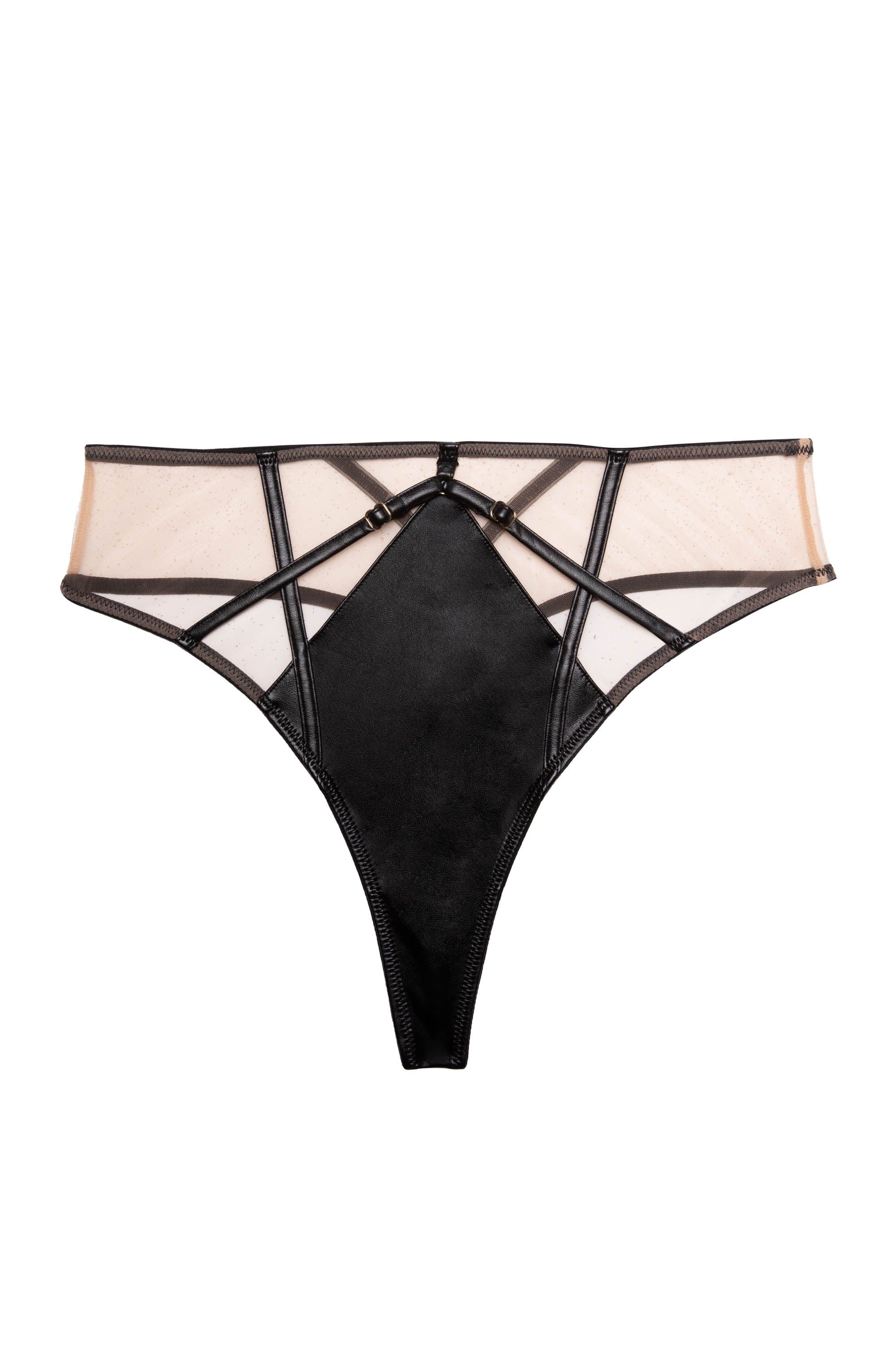 Ramona Black Leatherette Strap Detail Illusion Mesh High Waisted Thong - Image 8