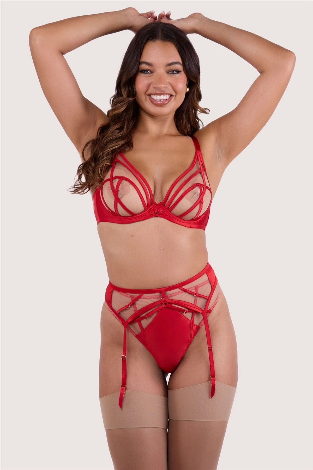 Ramona Ruby Red Strap Detail Illusion Mesh Suspender - Image 4