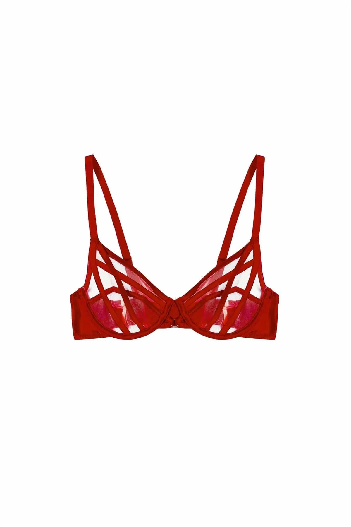 Ramona Ruby Red Strap Detail Illusion Sheer Plunge Bra - Image 6