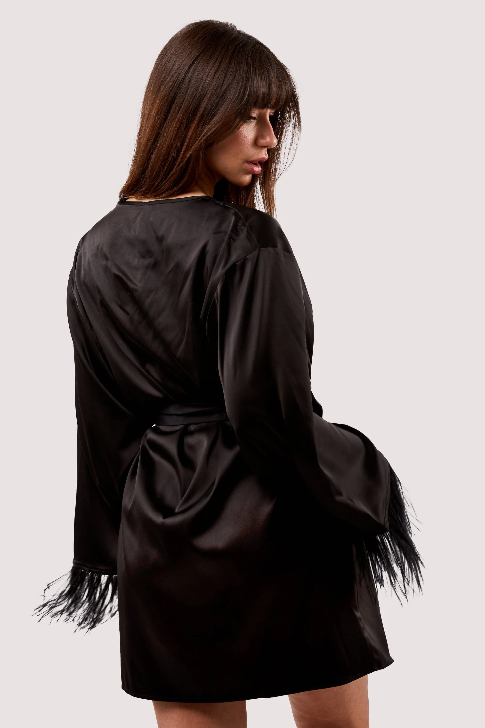 Sirus Black Satin And Feather Kimono - Image 5