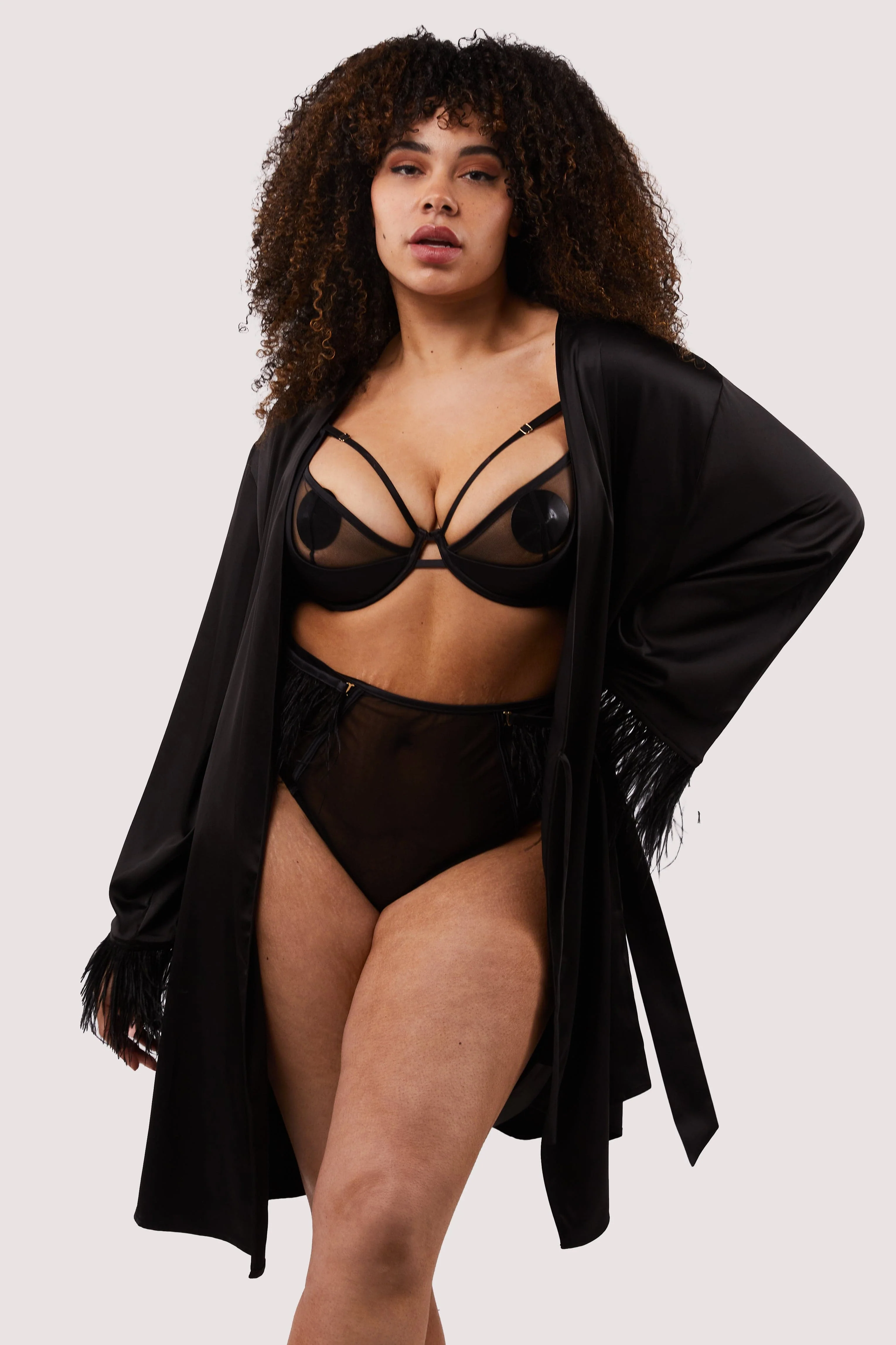 Sirus Black Satin And Feather Kimono - Image 6