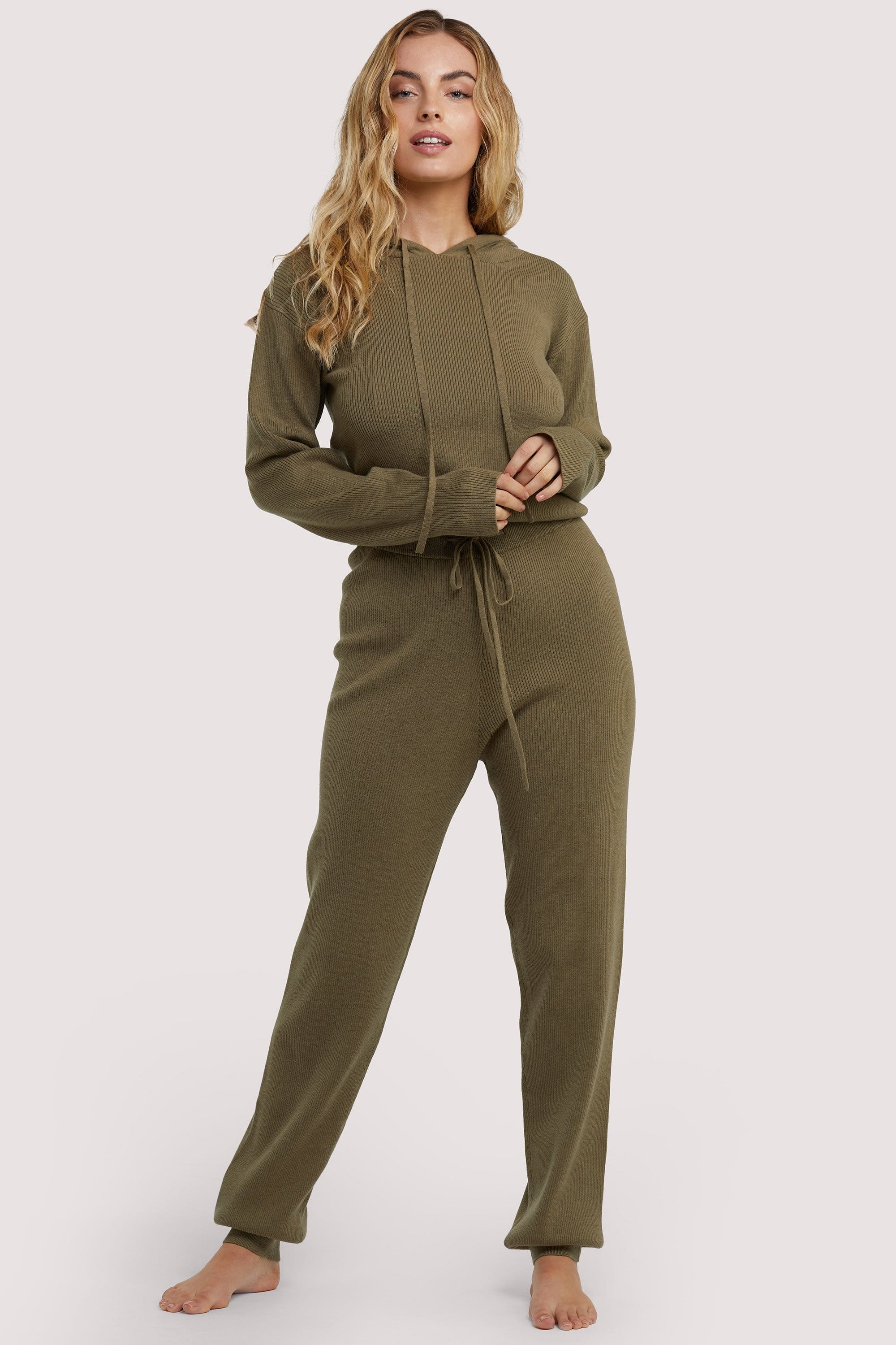 Lounge Khaki Knitted Rib Cropped Hoodie - Image 2