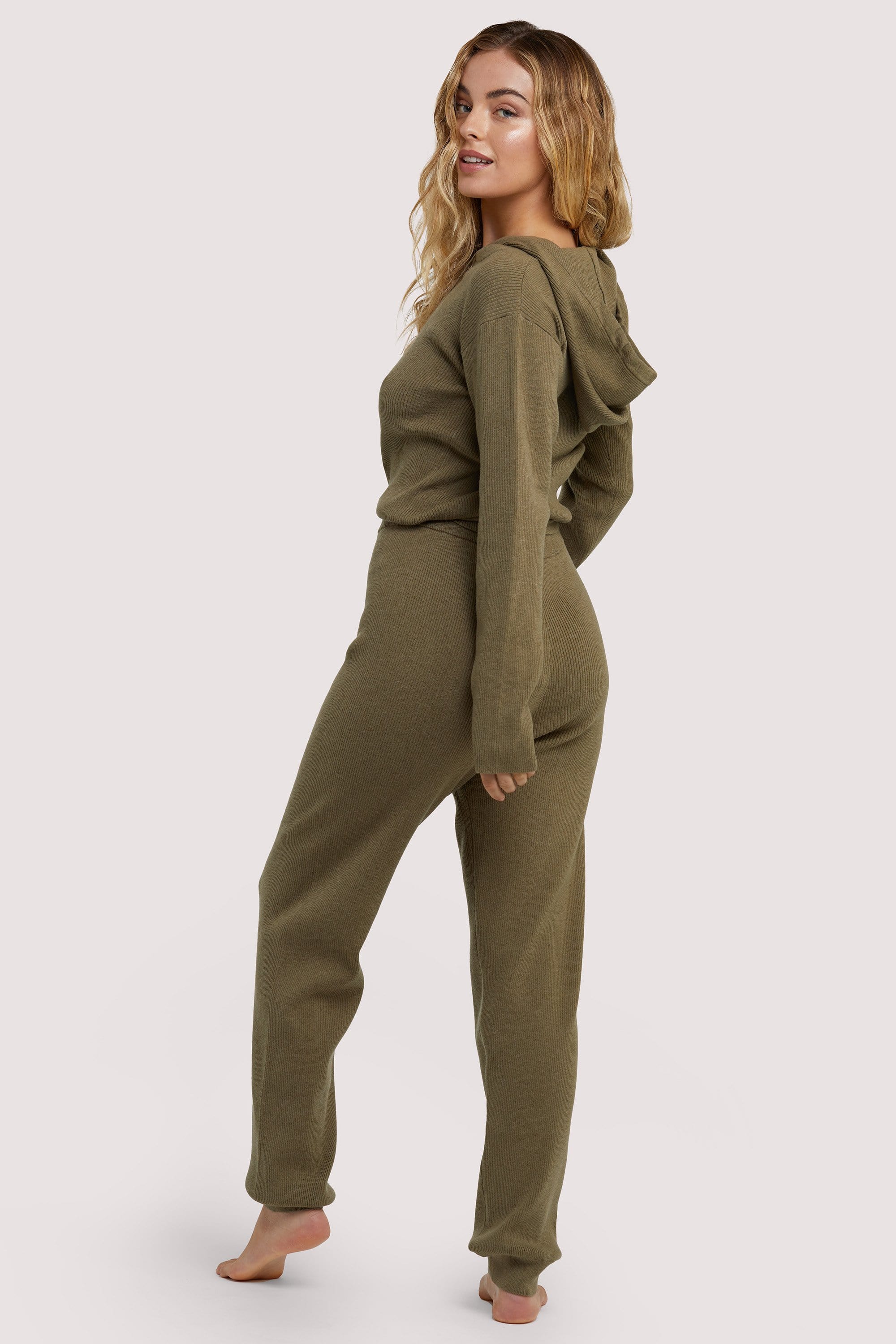 Lounge Khaki Knitted Rib Cropped Hoodie - Image 3