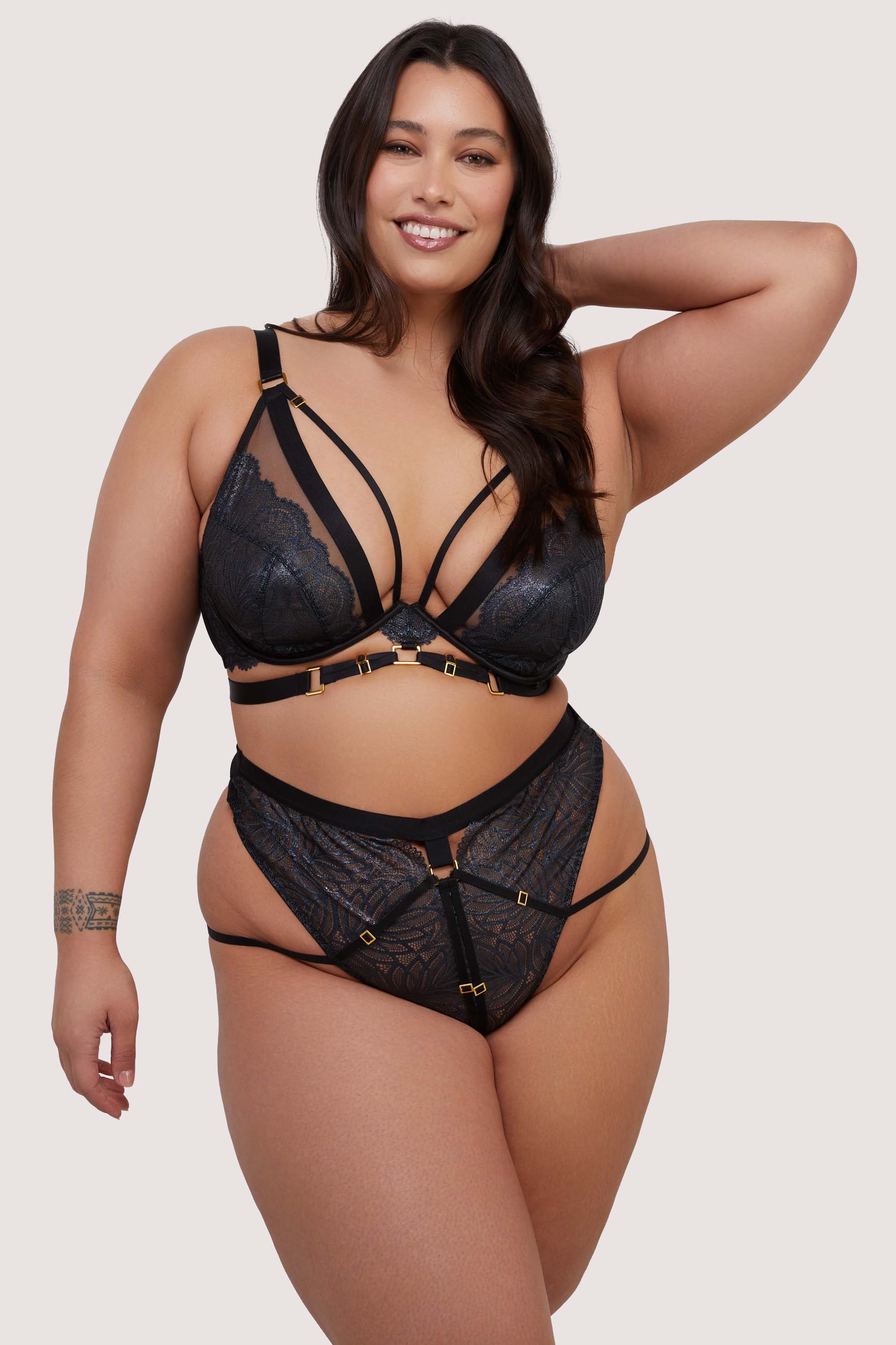 Tabitha Black Wet-Look Lace High Waist Thong - Image 3