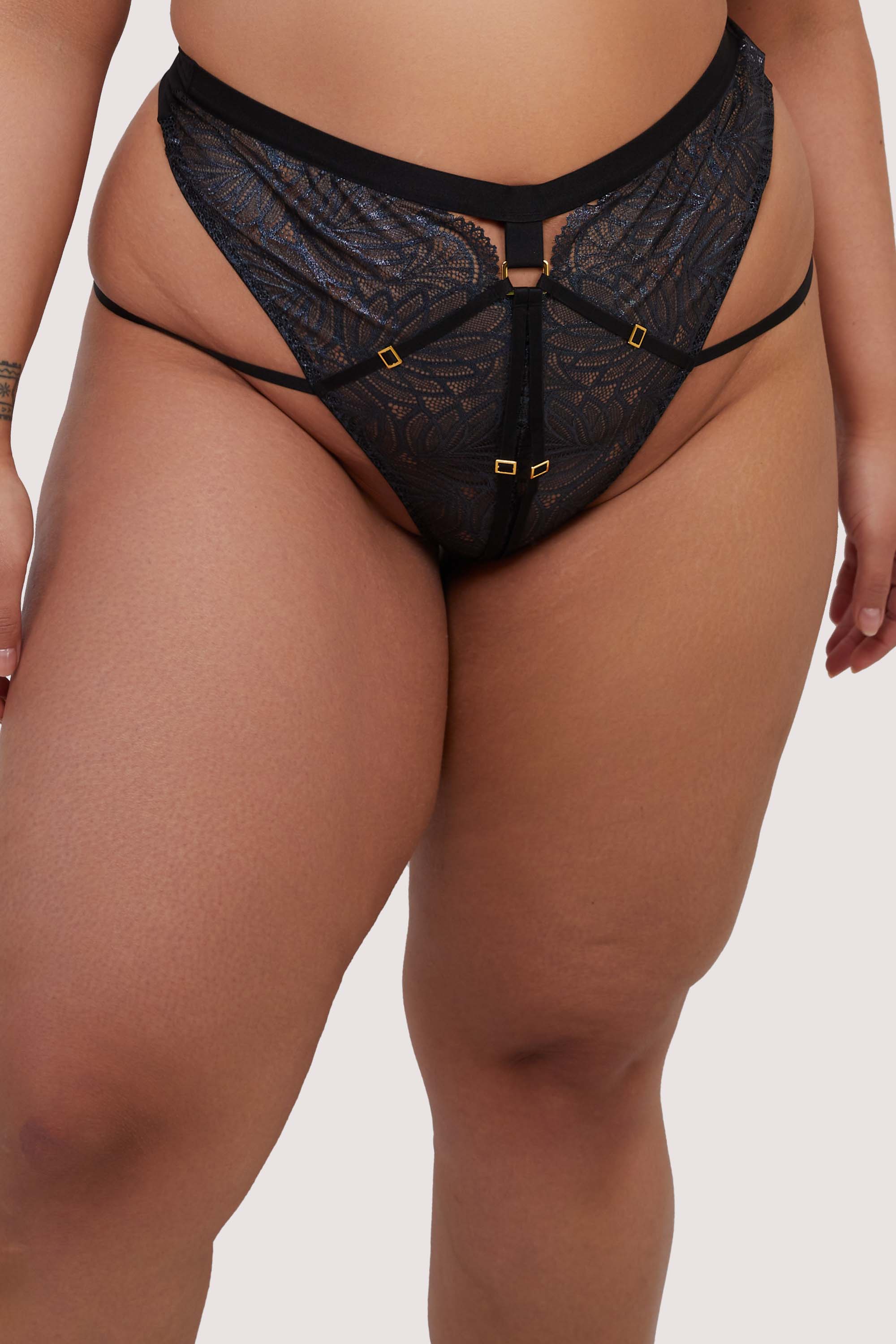 Tabitha Black Wet-Look Lace High Waist Thong - Image 4
