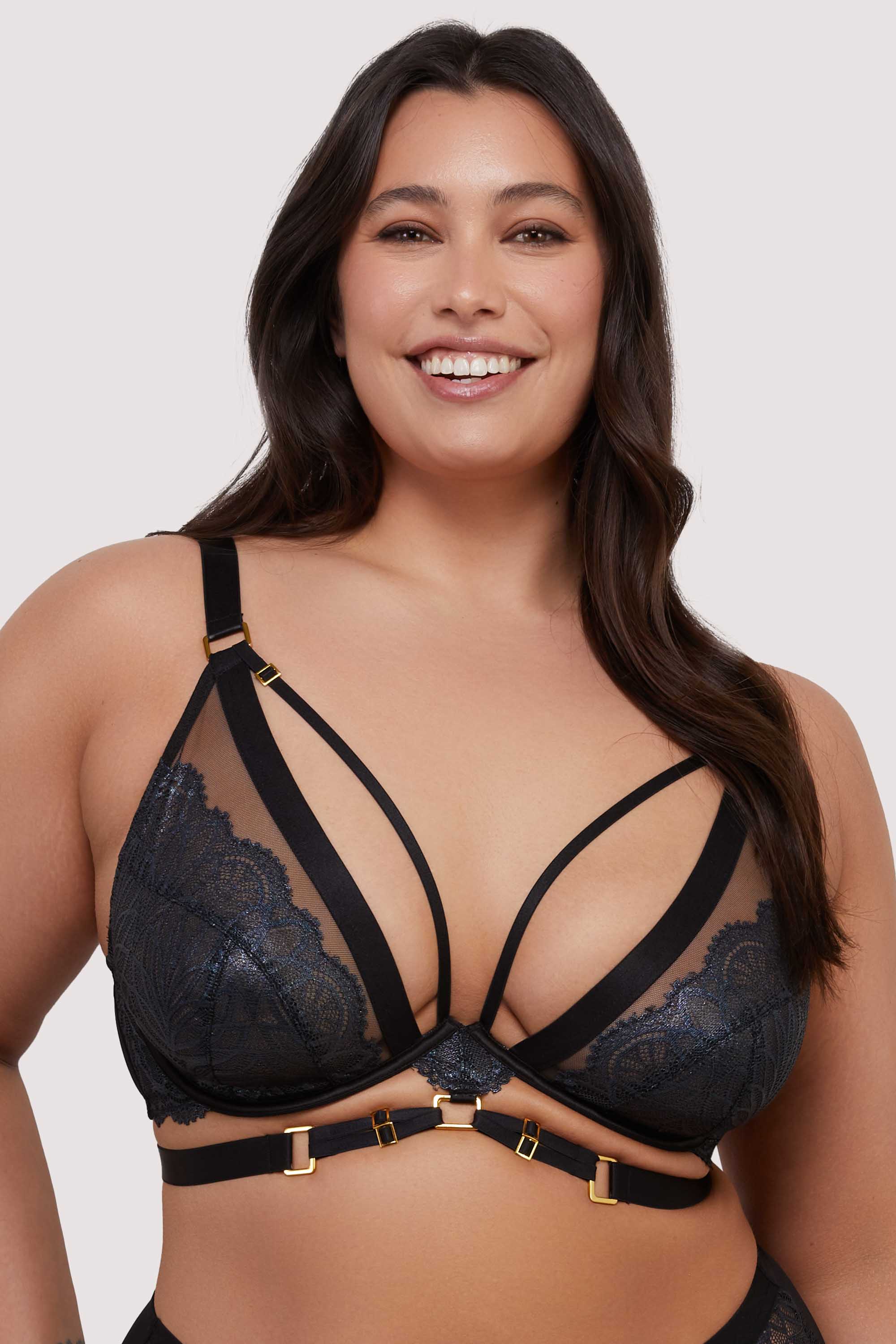 Tabitha Black Wet-Look Lace Plunge Bra - Image 3