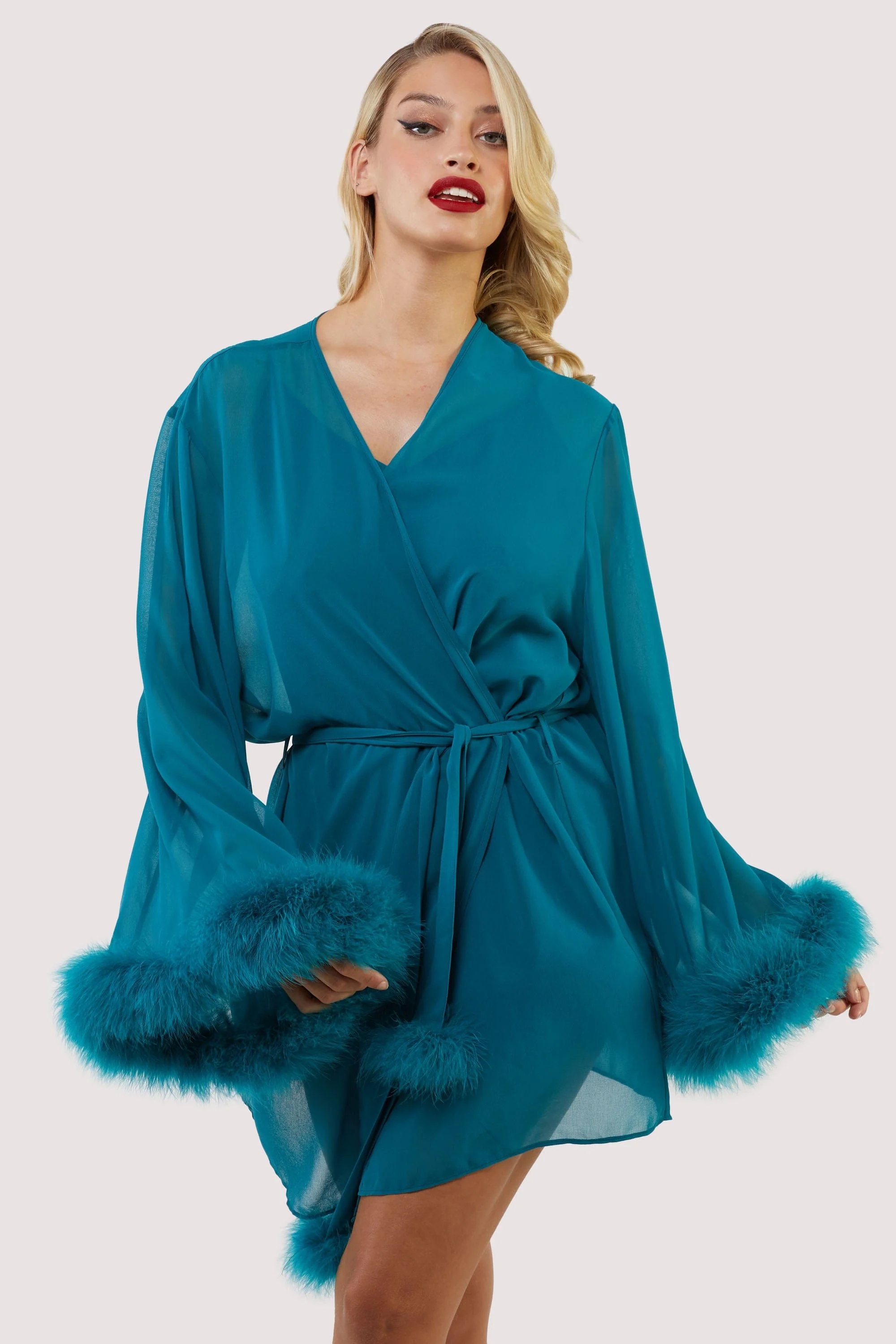 Teal Feather Trim Robe - Image 2