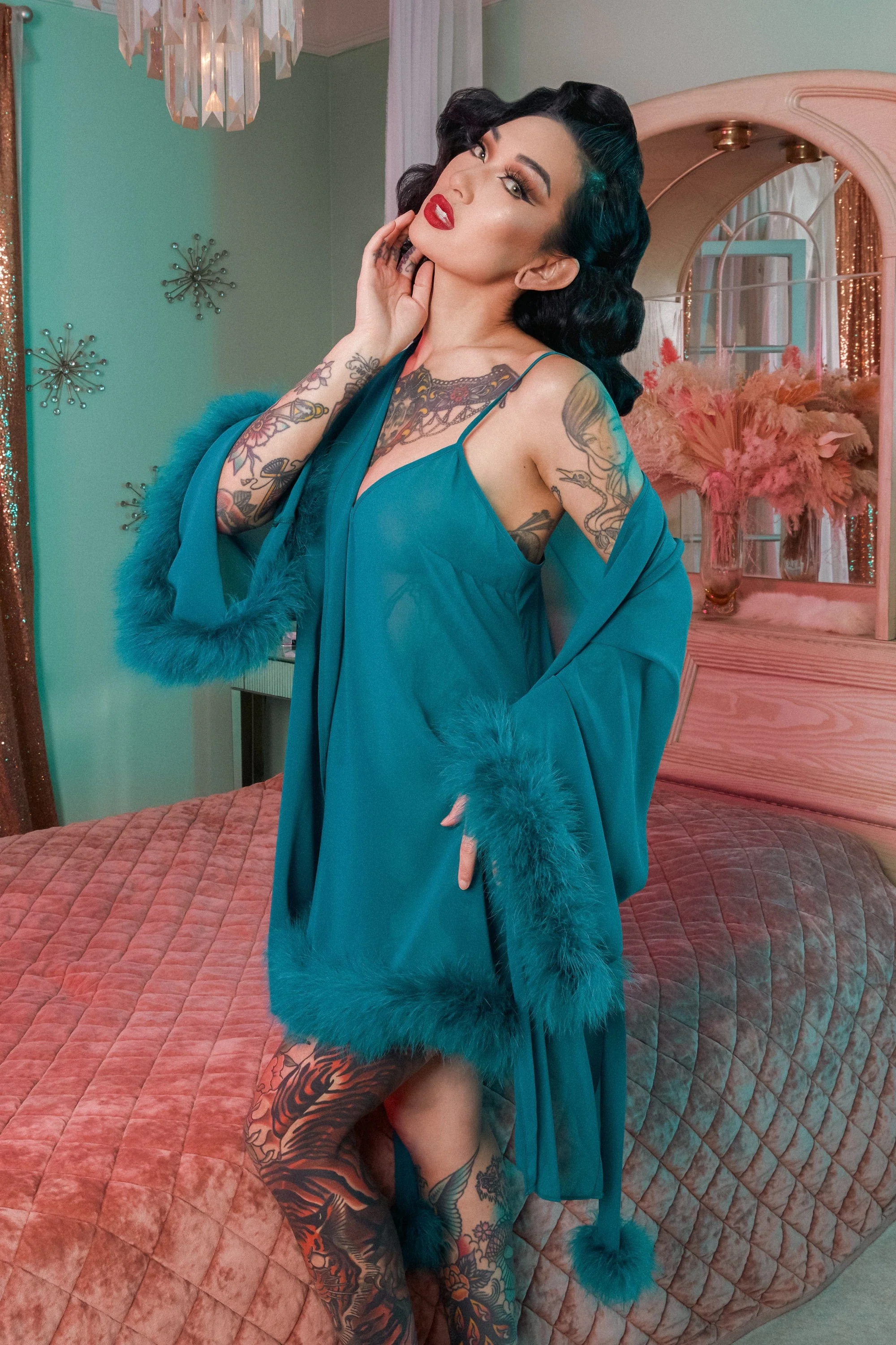 Teal Feather Trim Robe - Image 5