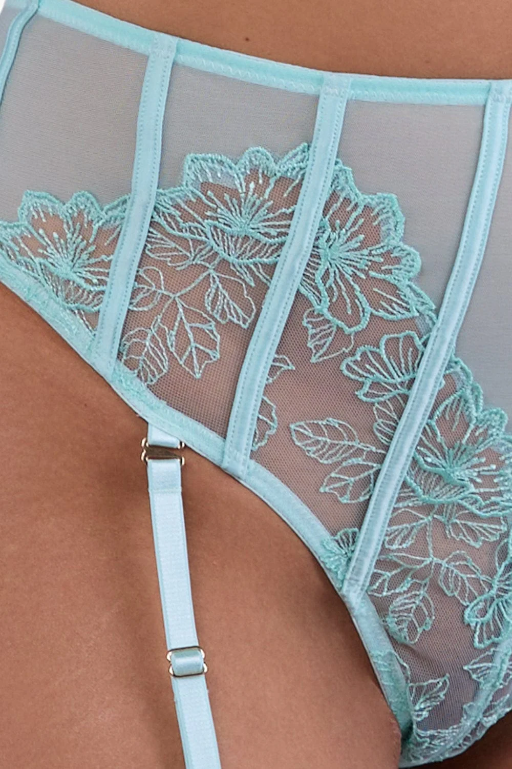 Valerie Aqua Embroidery & Mesh High Waist Suspender Thong - Image 2