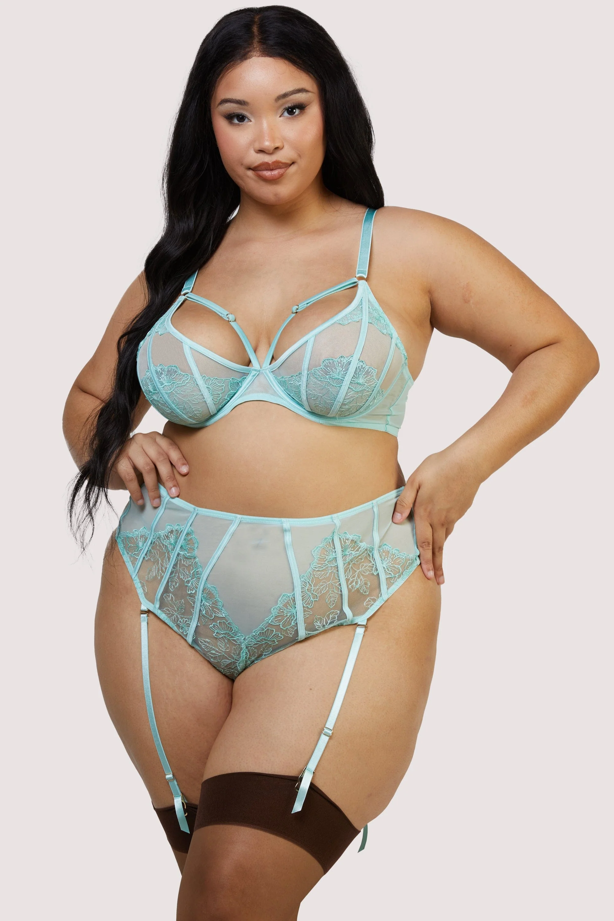 Valerie Aqua Embroidery & Mesh High Waist Suspender Thong - Image 6