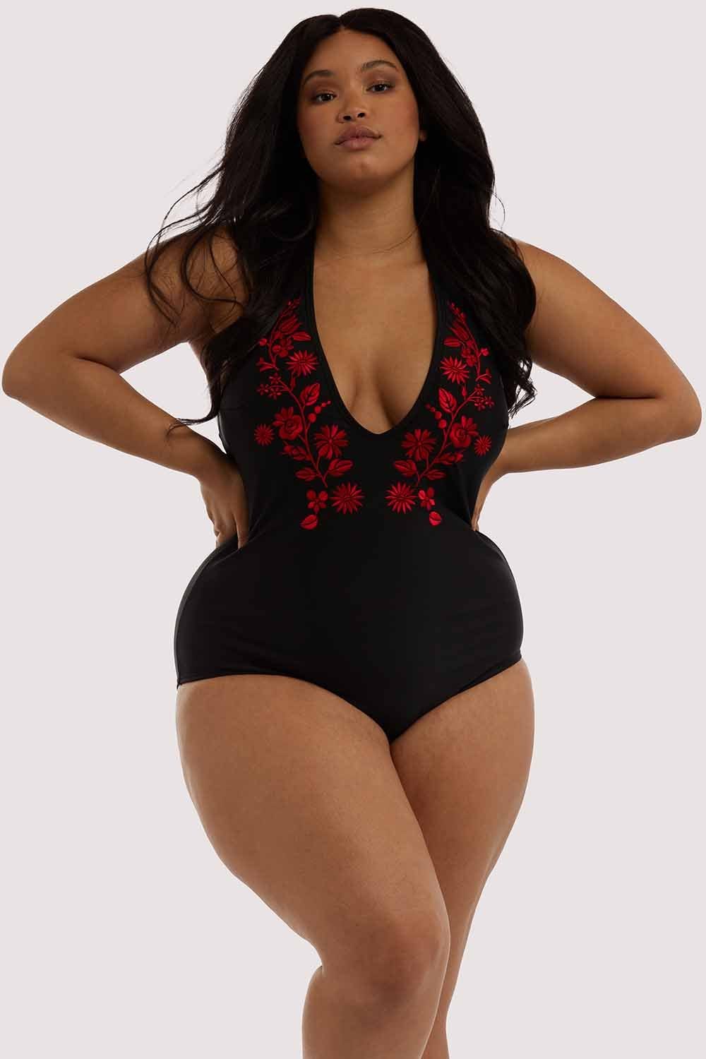 Wolf & Whistle Embroidered Plunge Swimsuit Curve - Image 2