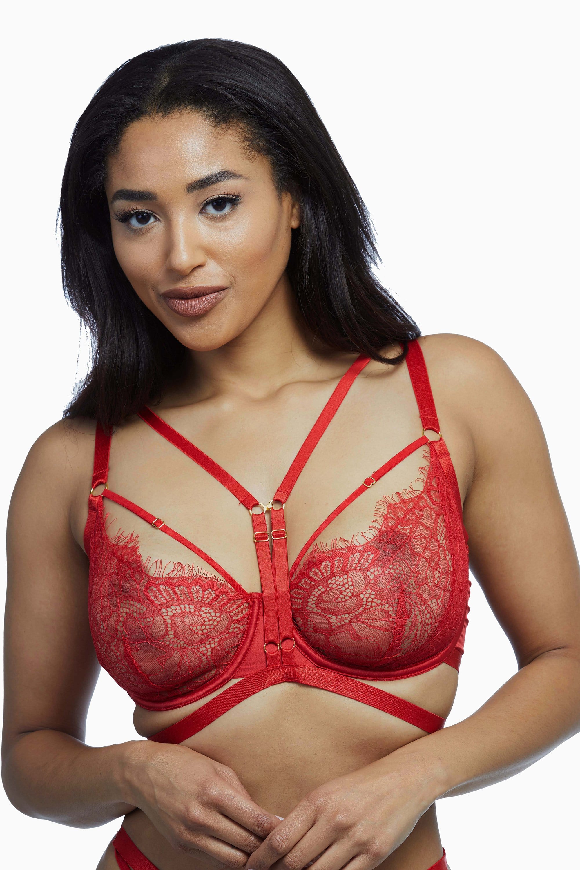 Wolf & Whistle Nevada Red Satin Lace Harness Bra - Image 3