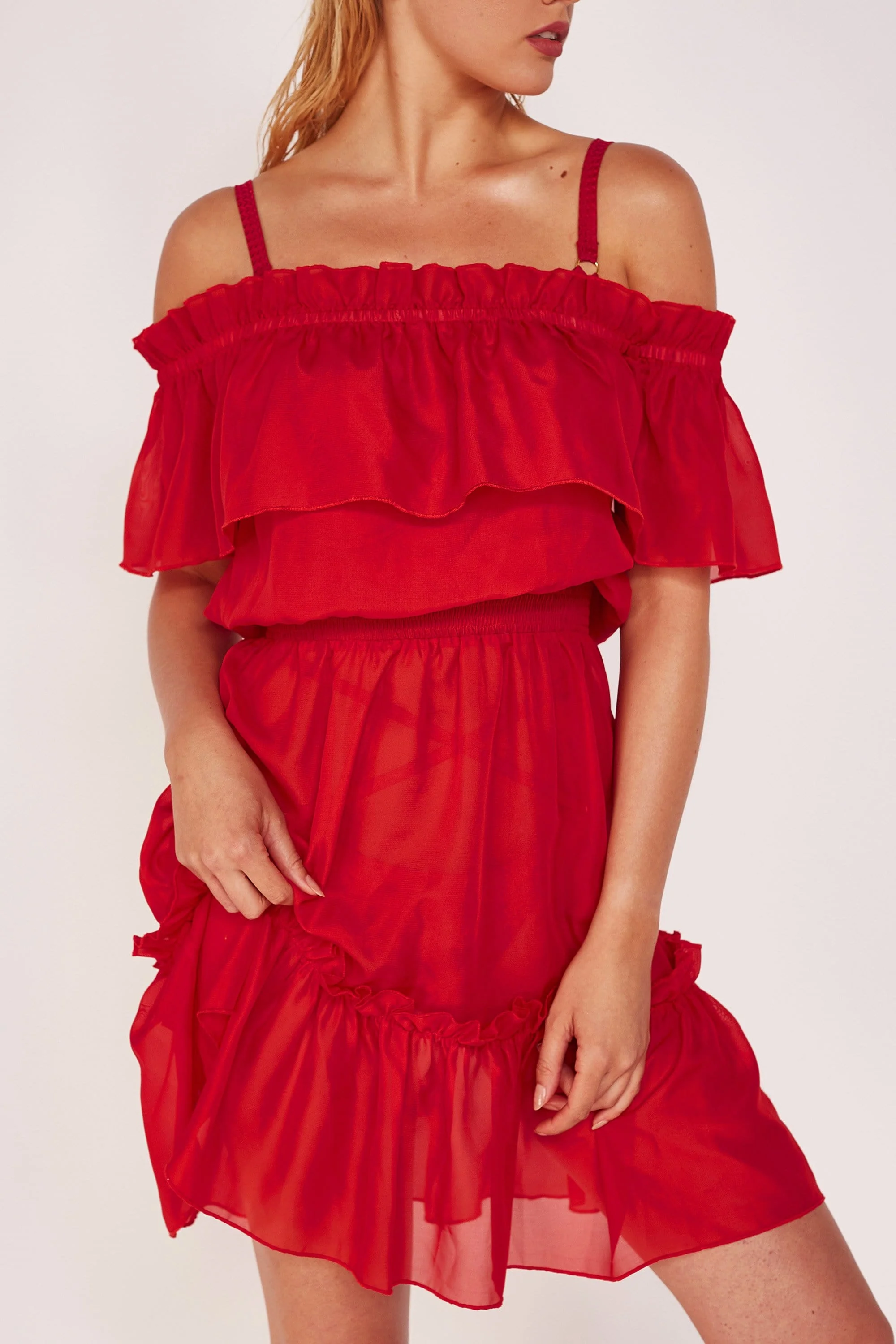 Red Bardot Frill Beach Dress - Image 3