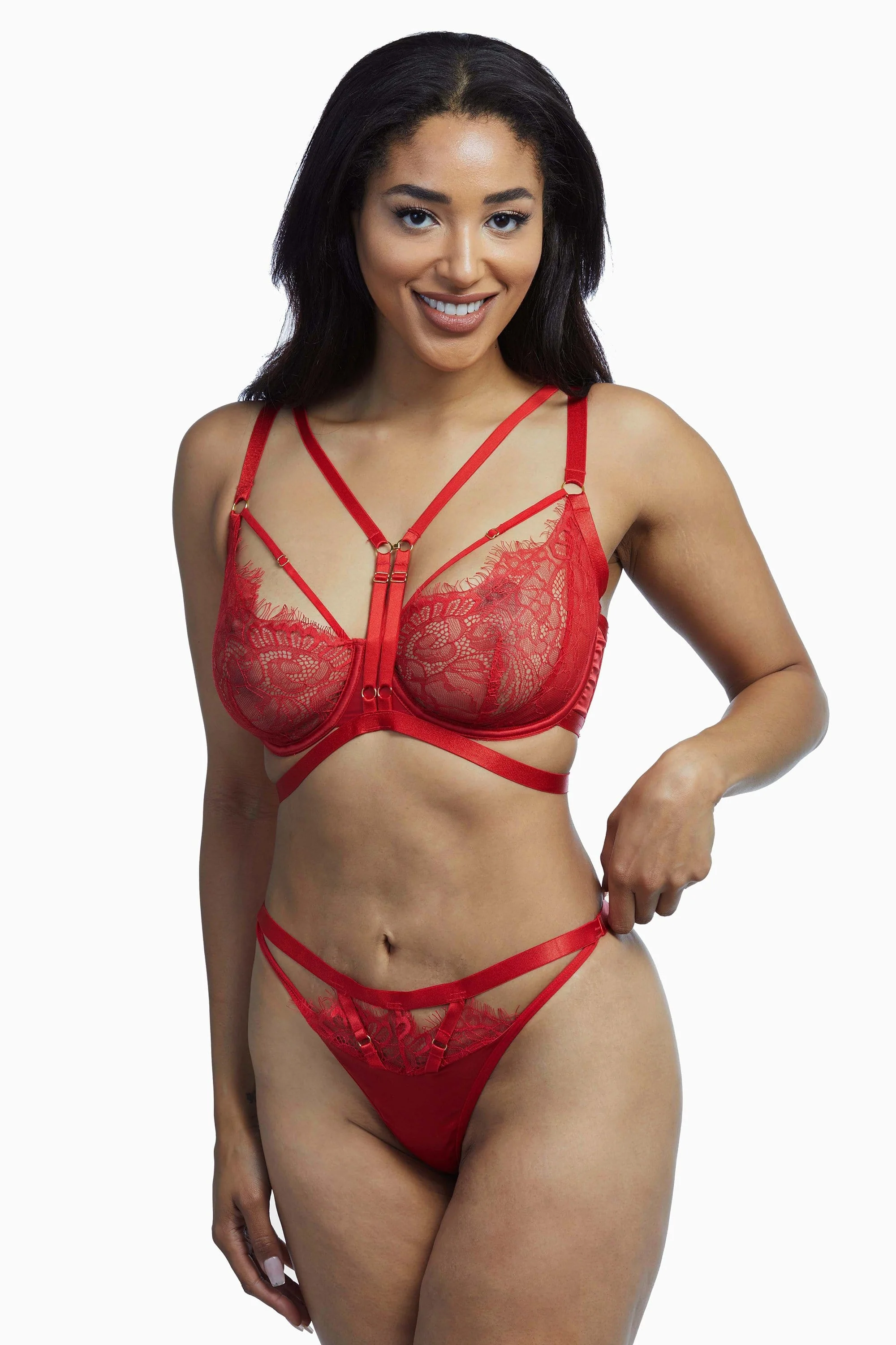 Wolf & Whistle Nevada Red Satin & Lace Harness Thong - Image 4